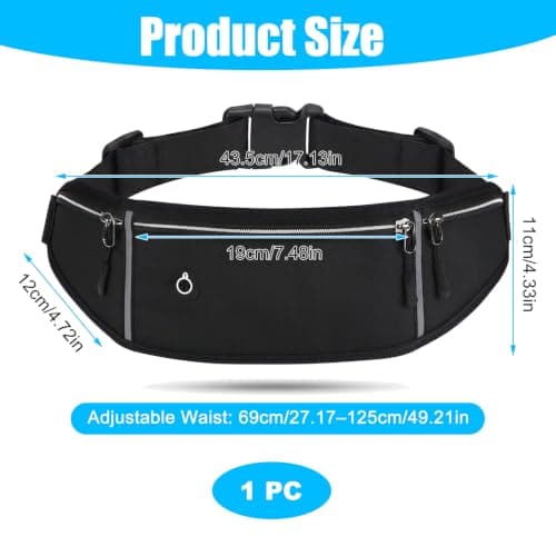 Running Belt, Waterproof Money Belt with Reflective Strips, Adjustable Running Waist Belt with Large Capacity, Running Belts for Women & Men Walking, Hiking, Travel (Black) — view 2