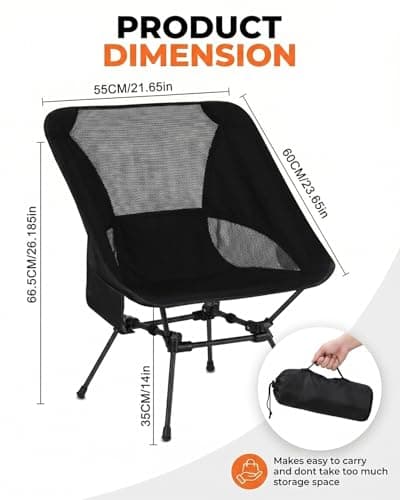 Folding Camping Chair, Ultra Lightweight Aluminum Compact Portable Chair, 150kg Load Capacity, Backrest, 3-Sided Breathable Mesh, Side Pocket, Strong & Sturdy, Quick Setup, Gift for Dad - Black — view 2