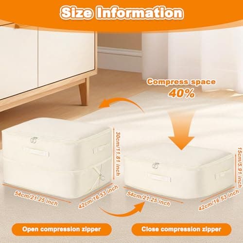 Ultra Space Saving Self Compression Organizer, Large Capacity Packing Organiser with Zips, 52*42*60cm Expandable Packing Cube Bag, Beige Storage Bags for Comforters, Clothes, Blankets, Duvets, Sweater — view 5