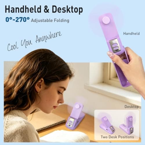 CAPITLUMINE Handheld Fan with LED Display & Night Light, USB Rechargeable Portable Ultra-thin foldable design, 20H battery, LED display & night light. Perfect for travel, office, camping (Purple) — view 3