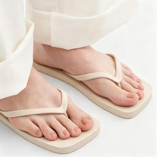BBXWANG Unisex Flip Flops for Women Men Square Rubber Slip-Resistan Flip Flops Sandals for Shower Beach Pools (Off-white, Adult, Women, 5, Numeric Range, UK Footwear Size System, 6, Medium) — view 2