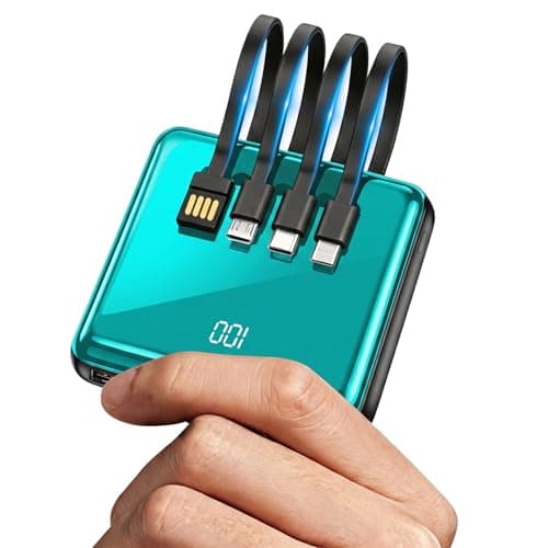 Portable Charger, 10000mAh Power Bank with Built in 4 Cables, Slim Smallest Portable Charger LED Display, External Battery Pack Travel Essential Phone Charger for iPhone Samsung iPad Android (Blue)