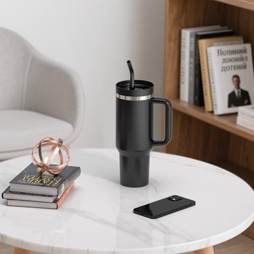 LEIKEEGO Travel Mug Coffee Cup, 1200ml/40oz Tumbler with Straw and Lid, Stainless Steel Double Wall Vacuum Insulated Coffee Cup with Handle-Keeps Cold for 24H-Hot for 12H(Black) — view 2