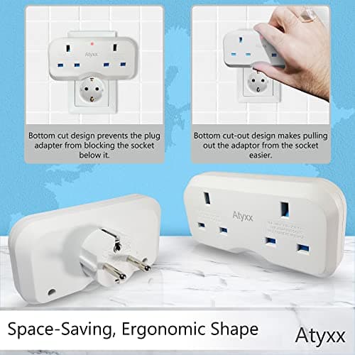 Atyxx Dual European Travel Adapter - Double Socket EU Plug Adapter with Power Indicator Light - Easy To Remove, Space Saver Europe to UK Plug Adaptor - Compatible with Sockets In 80 Countries — view 6