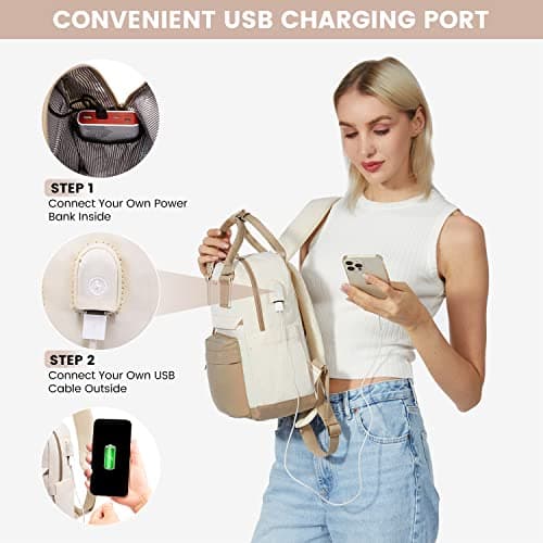 LOVEVOOK Backpack Womens Small Fashion Rucksack Bag for Ladies with USB Port Waterproof Handbag for Girls Anti-theft Mini Casual Daypack City Pack for School Uni Travel, Beige Khaki — view 4