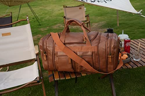 Leather Travel Duffel Weekender Bag Carry on Overnight Bag Sports Duffel Bag for Men and Women HB-21, Brown — view 5