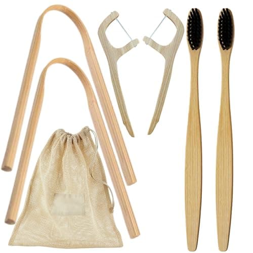 Bamboo Wooden Oral Hygiene Kit – Eco Friendly Biodegradable Organic Dental Kit with 2 x Bamboo Toothbrushes, Tongue Cleaners, Dental Floss & Linen Storage Bag – Travel Kit & Gift Set