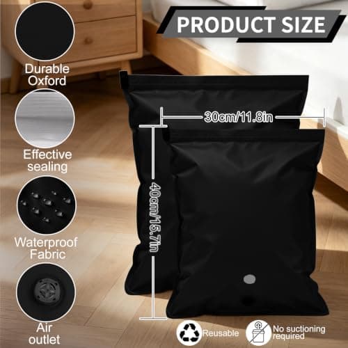 2Pcs Vacuum Storage Bags Travel, Travel Vacuum Compression Bags for Luggage Clothing, Space Saver Bags No Pumping Required, Tear-Resistant Waterproof (Black, 40X30cm) — view 2
