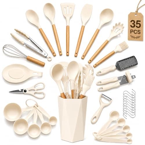 ZELMORAWARE Kitchen Non Stick Cooking Utensils Set – 35Pcs Heat Resistant Silicone Utensils Set with Wooden Handles, Silicone Spatulas for Cooking – Kitchen Accessories – White