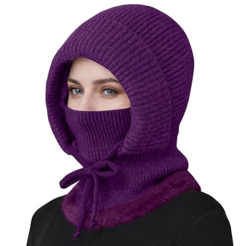 Knitted Balaclava Women Winter Warm Knitted Caps for Women with Neck Warmer Fleece Lined Woolly Pom Pom Beanie Hat Adjustable Windproof Balaclava Hooded Hats for Outdoor Sports Travel Skiing Purple