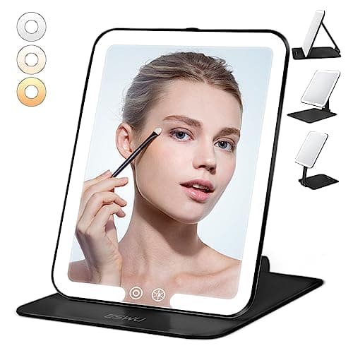 ESWU Travel Makeup Mirror with Light, Portable Folding Make Up Tabletop Mirror with 58 LEDs 3 Colors Light Modes Rechargable Compact Vanity Mirror with Adjustable Stand (Black)