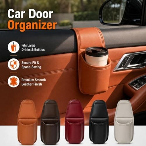 2 Pack Cup Holder for Cars, PU Leather Car Door Cups Holder Window Hanging Organizer, Multifunctional Rear Seat Beverage Bottle Storage Organizer, Slim Pocket for Water Bottles Coffee Cups Cell Phones — view 2