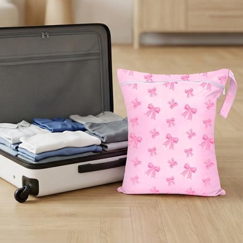2PC Travel Laundry Bags, 55X45CM Large Waterproof Laundry Bags with Side Handles & Zippers, Dirty Clothes Organiser for Travel & Home Use (Pink Bows on Pink Background) — view 2