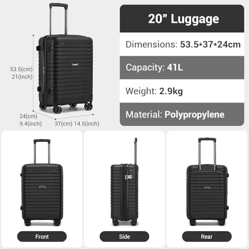Kono 20 Inch Expandable Cabin Suitcase with Cup Holder & Side Hook, Lightweight PP Hard Shell Carry On Luggage for Short Trips, Airline Approved Small Travel Case (Black) — view 3