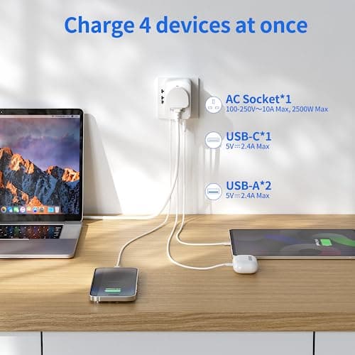 Universal Travel Adapter, Hotimy Worldwide Travel Plug with USB C & 2 USB A — view 3