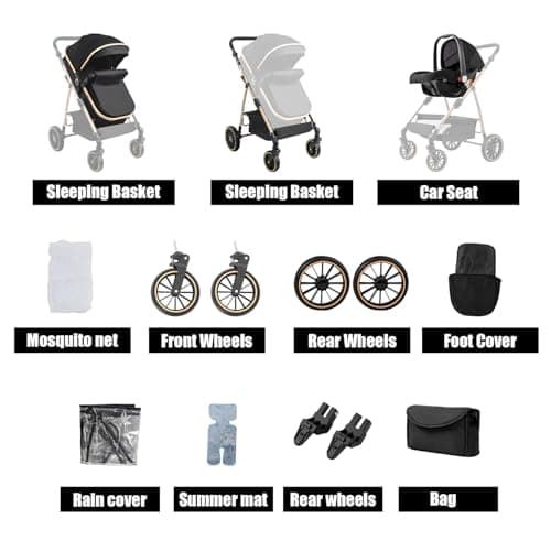 Veitoalioy 3 in 1 Baby Stroller Travel System, Foldable Pushchair, Baby Stroller 3 in 1 with Reversible Two Pushing Modes, Multifunctional High Landscape Buggy (V8 Black) — view 2