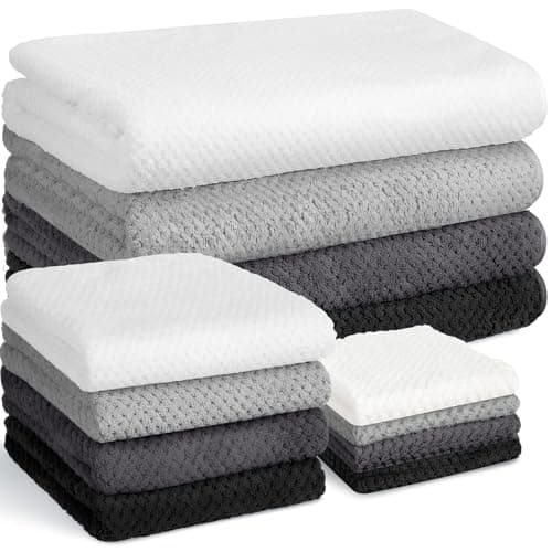 Preboun 12 Pcs Bath Towels and Washcloths 4 Sets Microfiber Bathroom Beach Pool Towel Set Quick Dry Coral Velvet Highly Absorbent for Fitness Sports Shower Travel Spa Hotel (Monochrome Neutrals)