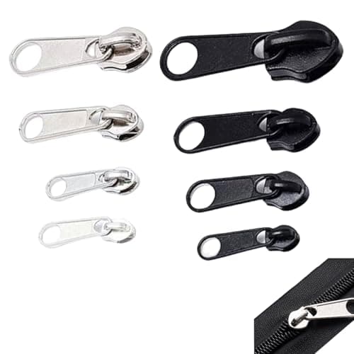 8 PCS Zipper Repair Kit Spare Zipper Pull 4 Sizes Instant for #3#5#8#10 Zip Puller Replacement Set Black and Silver Multipack Removable for Purse Clothes Jeans Suitcase Luggage Backpacks Fixing