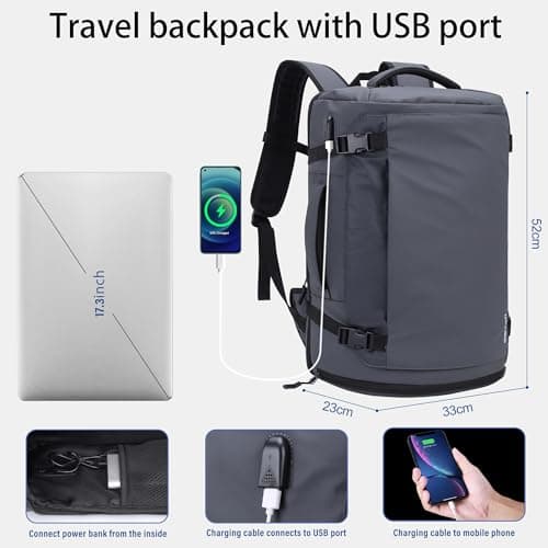 HOMIEE Travel Backpack Mens,17.3 Inch Laptop Bag Womens,40L TSA Friendly Flight Approved Carry on Luggage with Shoes Compartment,Large Business Rucksack with USB Port for Work School Weekend (Grey) — view 5