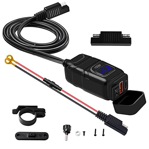 Kriogor Motorcycle Car Charger with QC 3.0 USB Socket and Type-C Port, IP65 Waterproof Dustproof Motorbike USB Adapter with 6-30V LED Voltmeter and On/Off Switch for 12V Boat Marine SUV (Blue) — view 6