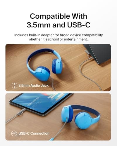 Belkin SoundForm Mini Kids Wired Headphones with USB-C to 3.5mm Dongle, Built-in Mic & Fun Stickers, 85dB Max Volume – for Online Learning, Travel, Compatible with iPhone, iPad, Galaxy, etc - Blue — view 3