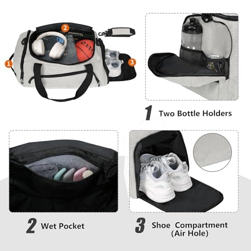 OLQI Gym Bag with Shoe Compartment & Wet Pockets for Men/Women,Sports Duffle Bags for Workout/Fitness/Travel (Beige, 20"x11"x11") — view 3