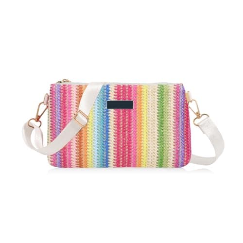 FuninCrea Rainbow Women’s Straw Crossbody Bag with Detachable Strap and Zipper, Lightweight Small Shoulder Bag Straw Bag for Summer Beach Daily (Color 1)