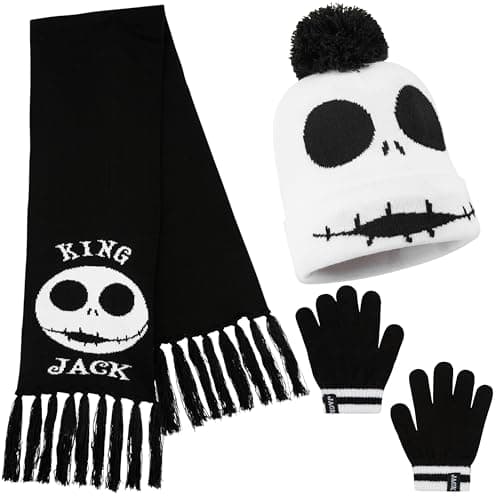 Disney Stitch Girls Beanie Scarf Teenagers Kids Gloves Winter Accessories School Travel Stitch Gifts, Choose from Sets (Black Jack 3 Pcs)