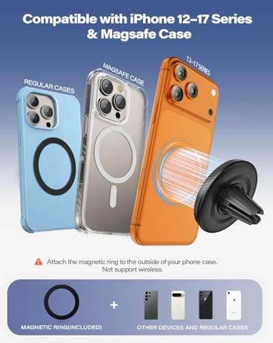 A2C Car Phone Holder for MagSafe 17*N54 Magnetic Ring Phone Holder for Air Vent [Super Stable & 1s Installation ] MagSafe Car Mount Covered with Non-slip Silicone Compatible with iPhone 12-17& Sumsung — view 4