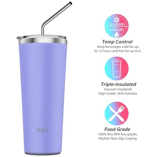 THILY Tumbler Stainless Steel Travel Mug 780 ml Triple-Insulated Coffee Cup with 2 Lids and Straws, Reusable, Powder Coated, Splash-Proof, Keep Ice Drinks Cold, Lavender — view 3