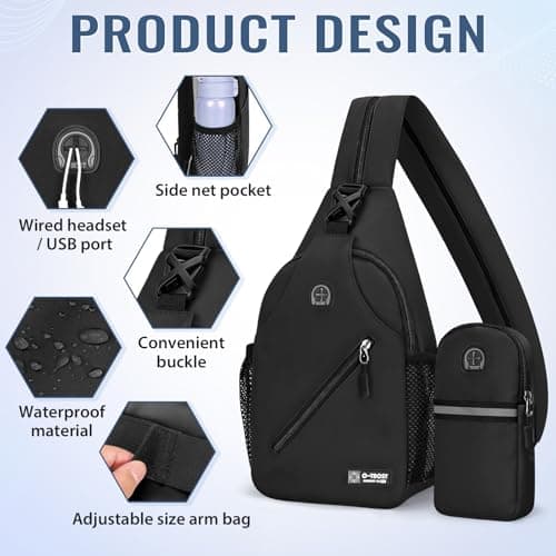 Crossbody Shoulder Bags, Convertible Sling Bag with Side Mesh Pockets and Headphone Hole, Crossbody Backpack and Arm Bag Set, Lightweight Chest Bag Casual Daypack for Women Men Camping Travel Hiking — view 3