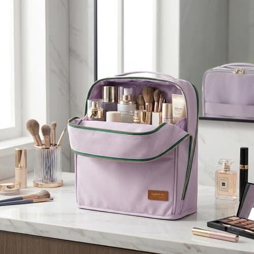 Stand Up Makeup Bag Large Capacity, Standing Makeup Bag with Multiple Compartments for Travel PU Leather Vertical Make up Organizer(Purple) — view 3