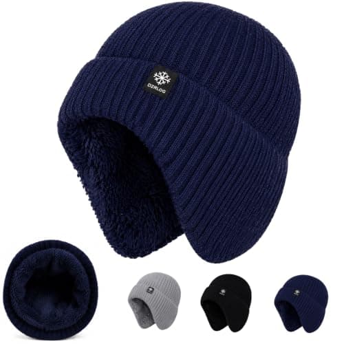 Beanie Hat, Fleece-Lined Rib-Knit, Ear Coverage, Navy, 1-Pack, 50–58 cm