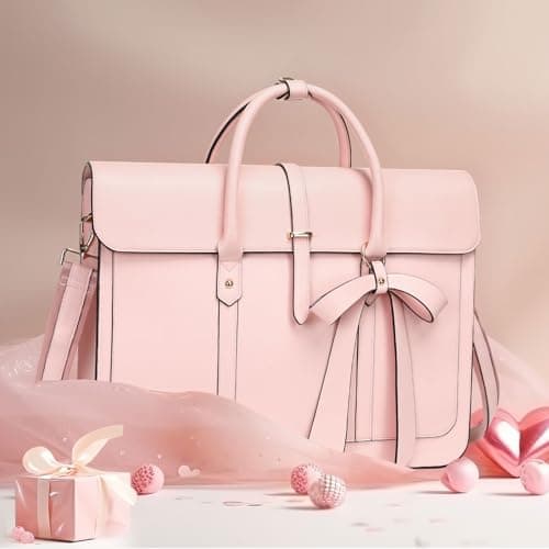 MOSISO Laptop Bag for Women,16 inch PU Leather Computer Bag, Pink — view 3