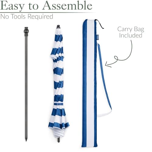 CHRISTOW Portable Beach Parasol with Bag, 2m, Blue & White Stripes — view 6
