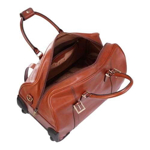 Genuine Leather Wheeled Travel Bag Large Rolling Duffle Weekender Business Carry On Suitcase - Tan 50 x 32 x 27 cm — view 5