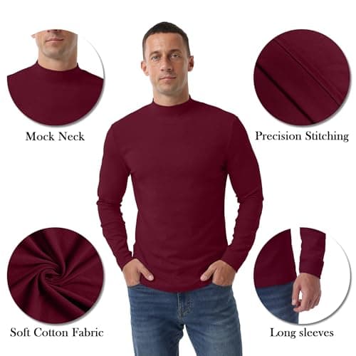 QIXING Men's Thermal Top, Long Sleeve Mock Neck Cotton Base, Burgundy, S — view 4