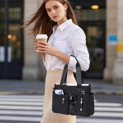 Bagtopia Nylon Tote Bag for Women, Multi Pockets Crossbody Purse for Work Travel, Waterproof Shoulder Bag with Zipper (Black) — view 3
