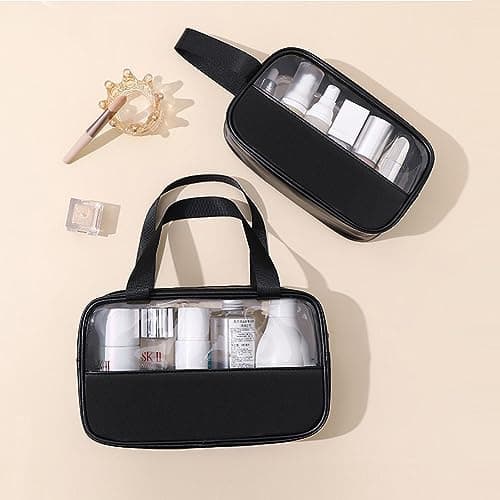 Aucuu 3PCS Clear Toiletry Bag, Wash Bag, Clear PU Makeup Bags, Waterproof Toiletry Travel Bags with Zipper Handle, Portable Airport Cosmetic B-ag for Travel Bathroom Men Women (Black) — view 2