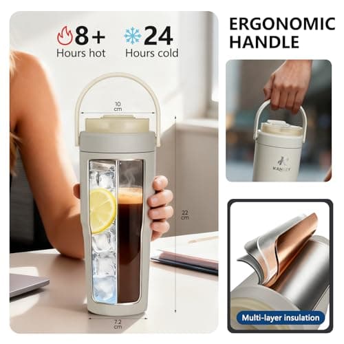 KANGZY Coffee Cup Travel Mug 600ml – Stainless Steel Insulated Water Bottle, 2-in-1 Lid, Vacuum Thermal Cup, Leak-Proof Design, Keeps Drinks Hot 8H+ / Cold 24H – Work, Travel & Car (Cream White) — view 3