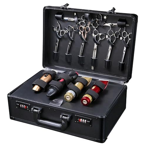 Large Capacity Hairdressing Toolbox, Hairdressing Toolbox Scissors Clippers, with Combination Lock, Portable Aluminium Storage Box with Compartments for Hairstylists, Salon and Travel Use (Black)