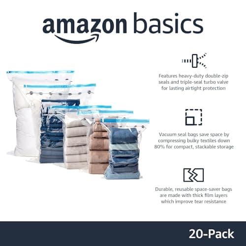 Amazon Basics Vacuum Compression Zipper Storage Bags with Hand Pump, 20 Count, 4 Pack of 5 (Small, Medium, Large & Jumbo), Multiple, Clear — view 2