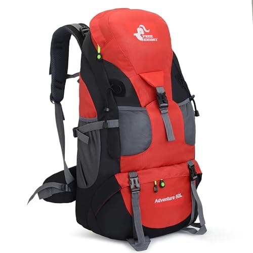Bseash 50L Hiking Backpack, Water Resistant Lightweight Outdoor Sport Daypack Travel Bag for Camping Climbing Touring (Red - No Shoe Compartment)