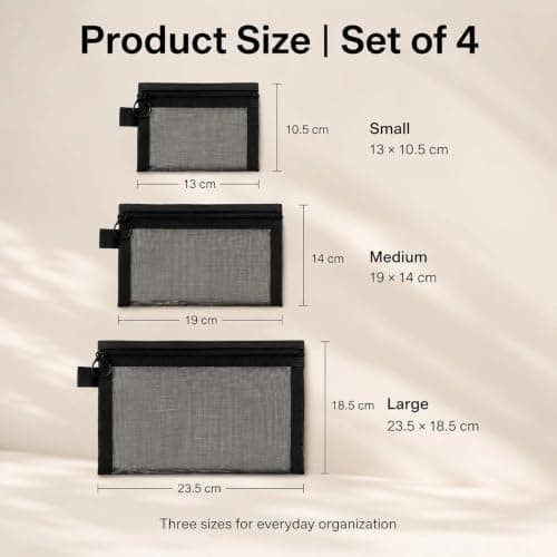 4 Pcs Nylon Mesh Zipper Bags for Cosmetics, 3 Sizes Waterproof Clear Makeup Pouch Organiser for Travel, Toiletries & Small Accessories, Black — view 2
