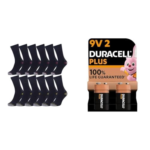 Iron Mountain IMSCK221 Mens Multipack Workwear Heavy Duty Recycled Cotton Padded Work Socks & Duracell Plus 9V Batteries (Pack of 2) - Alkaline - 100% Life Guaranteed