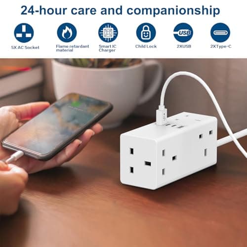 AMOI Extension Lead With USB Slots, USB Extension Cable,Tower Extension Lead, 5 Way Plug Adapter with USB,1.5m extension lead surge protected extension lead with 4 USB Ports (5V/3.4A) — view 4