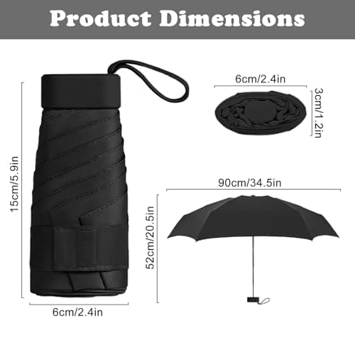 Black Mini Folding Umbrella, UPF50+ UV Sun & Rain Umbrella, 6 Rib Windproof Compact Travel Umbrella with Storage Case, Sturdy, Lightweight, Portable Pocket Umbrella for Men and Women Daily & Outdoor — view 5