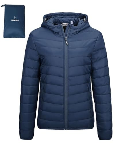 Outdoor Ventures Women's Winter Lightweight Puffer Jacket with Hood, Warm, Short, Packable, Quilted, Transitional, Padded Jacket for Ladies, Lined for Hiking, Travel Navy Blue L