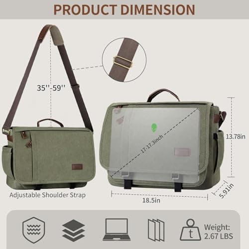 Estarer Messenger Bag 17.3 Inch Upgraded, Water-resistant Canvas Laptop Bag, Computer Shoulder Bag for College Travel Work,Army Green — view 6