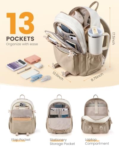 LOVEVOOK School Backpack Womens, School Bags for Girls Teens Aged 8-18, Water-Resistant Lightweight 15.6 Inch Laptop Bag, Classic High School Back to School Rucksack for Travel, Khaki-Beige — view 3